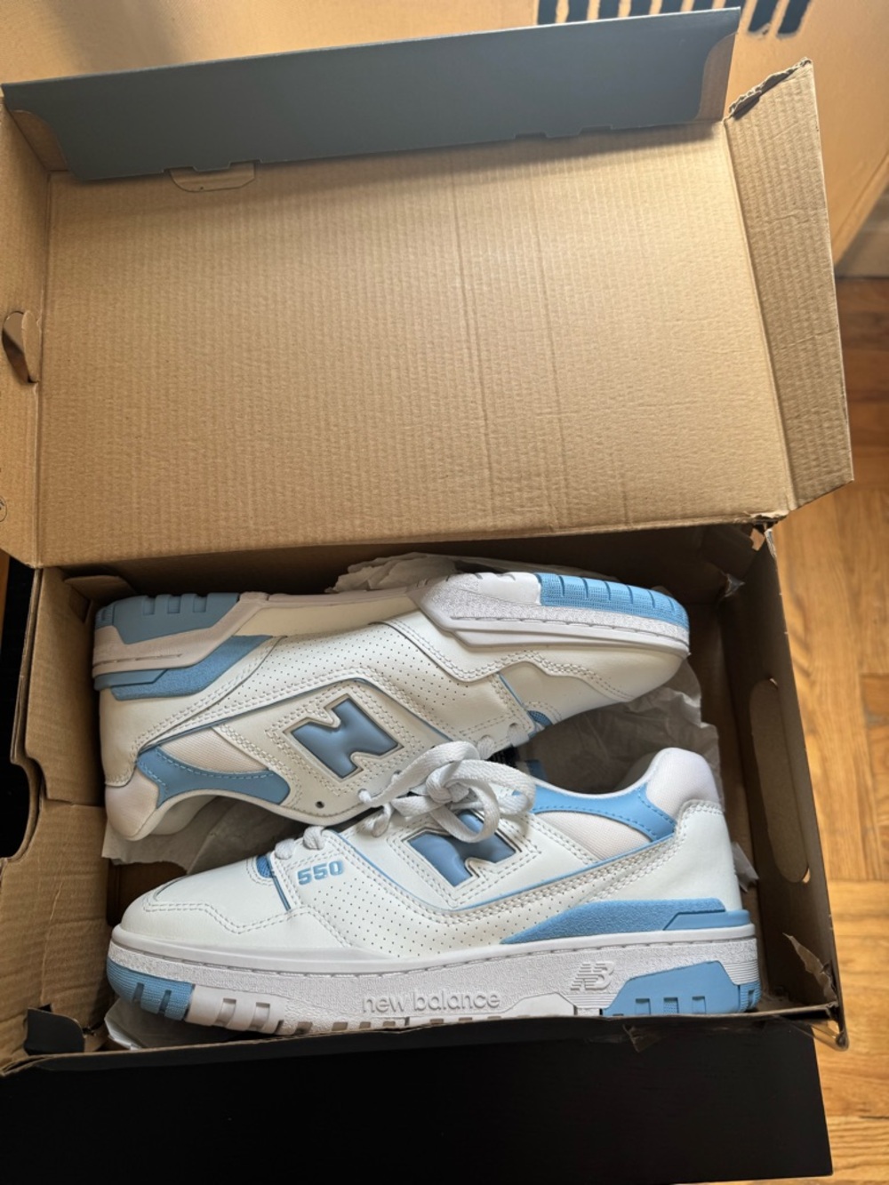 New Balance 550 White and Light Blue sneakers